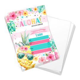 Aloha Luau Tropical Birthday Invitations for kids, Hawaiian Summer Pool Party Invites Cards for Boys & Girls, Birthday Party Celebration Favor, bday Invites Supplies (20 Cards + Envelopes)- A010