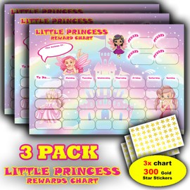 3 PACK - Princess Themed Reward Chart for Kids with 300 Gold Star Stickers - Learning, Routine & Good Behavior Chart