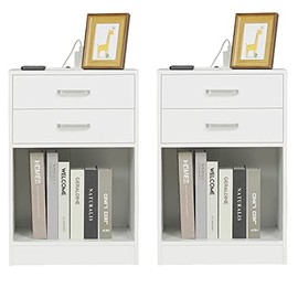 ADORNEVE Nightstands Set of 2,White Night Stand with Charging Station & Drawers,Night Stands for Bedrooms Set of 2