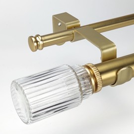 ILAISIHOME 1-1/8 Inch Diameter Gold Curtain Rods with Ribbed Glass Finial, 72-144 inch Telescoping Double Curtain Rods for window width 68-140 inch, 1 pack
