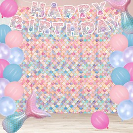 2Pcs Mermaid Birthday Party Decorations,Mermaid Theme Tinsel Foil Fringe Curtains,Mermaid Photo Booth Prop Backdrop, Happy Birthday Banner,Mermaid Birthday Party Decorations