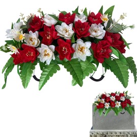 Tombstone Flowers - Outdoor Grave Decorations, Cemetery Flowers for a Grave to Be Placed on a Tombstone, The Cemetery Flowers for Grave Saddle Are Composed of Artificial Red and White Peony Bouquets
