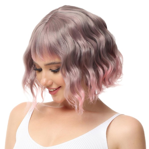 Wavy Bob Wig with Bangs Natural Ombre Pink Wig Synthetic