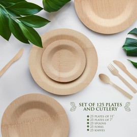Eco-Friendly Plates, Round Bamboo Disposable Plates Set of 125 Pieces, Reusable, Compostable Plates. Sturdy Disposable Plates 11-Inch and 7-Inch Dinnerware & Compostable Dessert Plates. Summer Dishes.
