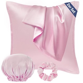Seiwohl Satin Pillowcase 80 x 80 cm, Set of 2 Silk Pillowcases 80 x 80 cm Silk Pillowcase Silk Pillowcase Hair Friendly Pillowcase Satin Sleep Cap Pink