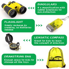 kaqinu Kids Explorer Kit, 24 PCS Outdoor Adventure Camping Kit & Bug Catcher Kit with Drawstring Bag, Binoculars, Compass, Butterfly Net, Educational Nature Exploration Toys Gift for Boys & Girls
