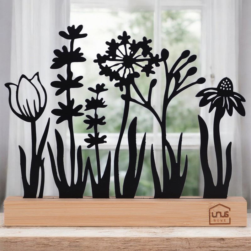 UNUS Silhouette Decorative Flower Meadow Metal with Bamboo Wooden Base,