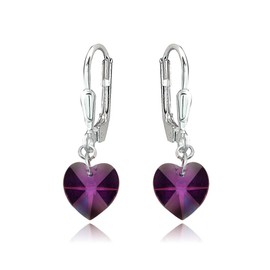 Sterling Silver European Crystal Dainty Heart Leverback Dangle Earrings for Women, Sterling Silver, crystal