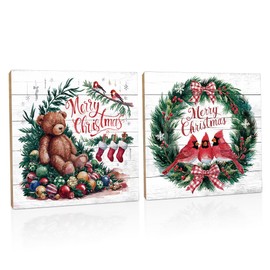 NOCTMETEOR 2Pcs Christmas Wall Art Wooden Sign, Christmas Cardinal Wreath Toy Bear Wall or Desk Decor for Home, 8x8 Inch