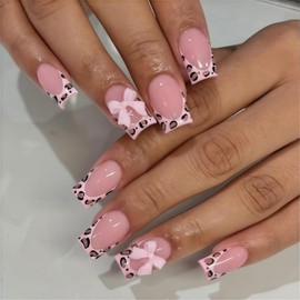 24Pcs Pink Bow Press on Nails Medium Square Fake Nails with 3D Bow Rhinestone Charms Design Cute Leopard French Tip False Nails Glue on Nails Stick on Nails Artificial Nails for Women Manicure 24Pcs