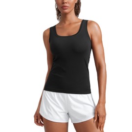 CRZ YOGA Seamless Scoop Neck Tank Low U-Back Breathable Workout Tops for Women Sleeveless Athletic Running Gym Shirts Black Small