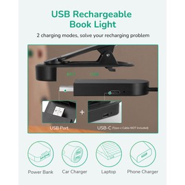 EDISHINE Book Light for Reading at Night in Bed, Portable Clip-on Bookmark, 3 Color Modes & Stepless Dimmable, Eye Care LED USB Rechargeable Lamp for Readers, Kids, Bookworms, Travel (Black)