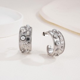 SAINT RAPHAËL Chunky Silver Hoop Earrings with Crystal and Pearl Embellishments, 316L Stainless Steel Hypoallergenic, Waterproof Hoops (Silver)