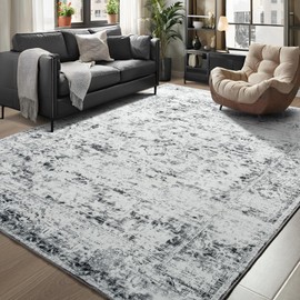 Unirea 5x7 Area Rugs for Living Room Bedroom, Washable Light Grey White Non Slip Low Pile Vintage Indoor Area Rug, Large Boho Abstract Soft Carpet, Gray Rugs for Dining Room Study Office Kids Room