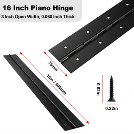 Heavy Duty Piano Hinge 16 Inch x 3 Inch Width, True 0.060'' Thick Stainless Steel Black Piano Hinge for Heavy Duty Cabinet, Door, Toolbox, Wooden Box, Metal Plate, Furniture, Industrial Project