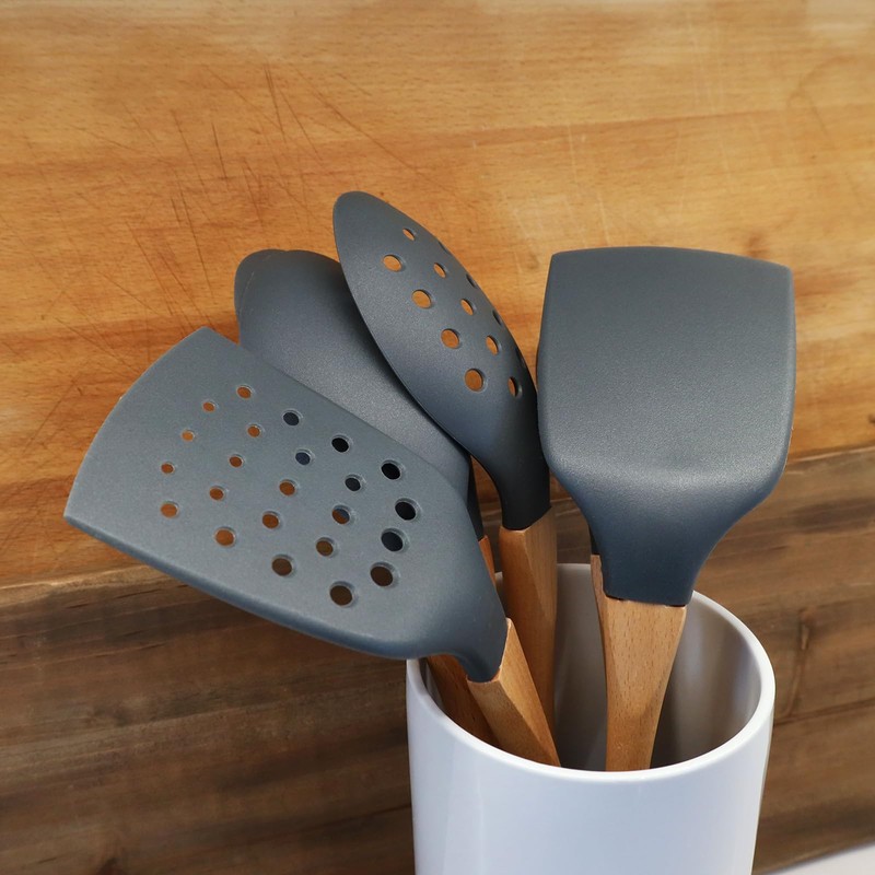 Beille Grey Nylon Ladle with Soft Grip Ergonomic Wooden Handle