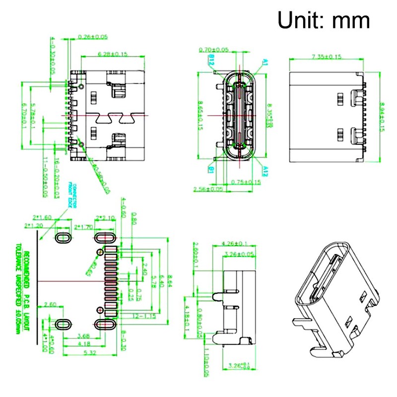 uxcell PCB USB Connector Type-C 3.1 16Pin Female Jack Fast