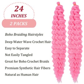 Pink Curly Wavy Braiding Hair Pre Stretched Deep Water Wave Crochet Hair 24 Inch 2 Packs Pink Boho Hair for Braiding Synthetic Bohemian Ocean Wave Braiding Hair for Boho Crochet Braids