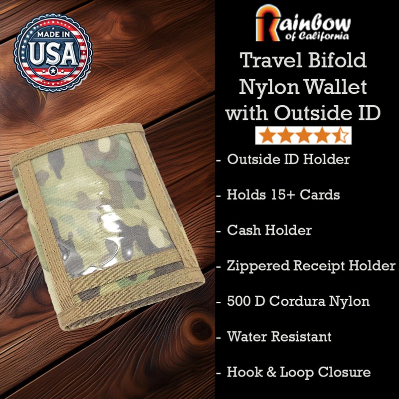 Camouflage Bifold Nylon ID Wallet. Hook and Loop. Made in