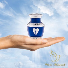 Olivia Memorials Urn for Ashes Women and Men - Small Urns for Human Ashes Adult Male or Female - Blue Decorative Mini Urns Angel Wings - Cremation Keepsakes Memorial Heart Urn
