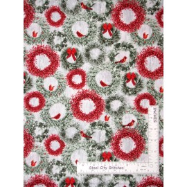 Henry Glass & Co. Christmas Cardinal Wreath Red Bow Cotton Fabric by Henry Glass Holiday Wish Yard