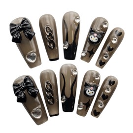 Handmade Press On Nails Medium Length Square, Hand Painted Reusable Gel UV Finished Pre Shaped False Nails for Women Heart Shaped Acrylic Diamond 10 Pcs/Set (Black, Size M)