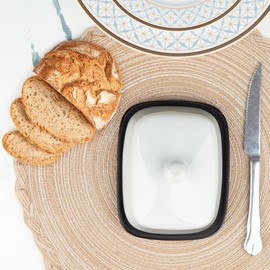 fanquare Classic Porcelain Butter Dish with Lid, Black and White Butter Keeper with Raised Leg, Dishwasher Safe Ceramic Butter Holder