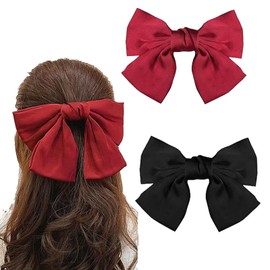 2PCS Bow Hair Clip, Large Hair Bows Hair Barrettes Silky Satin Ribbon French Bowknot Hair Clips Solid Color Hair Bows Barrettes for Women Girls (Red & Black）