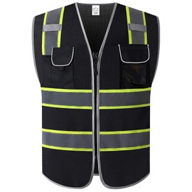 XIAKE 4 Pockets High Visibility Safety Vest Mesh Lite, Dual Tone High Reflective Strips, Zipper Front, Meets ANSI/ISEA Standards(3X-Large, Black)