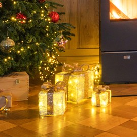 LED decorative gift boxes in cream - set of 3 incl. Timer function - Christmas decoration, Christmas gifts