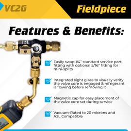 Fieldpiece - VC2G 1/4″ Valve Core Removal Tool Dual Valve with Sight Glass - Vacuum-Rated 20 microns & A2L Compatible - HVAC Tools