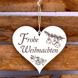 Wooden Heart Sign with Engraving Merry Christmas Door Sign Winter Decoration Christmas Decoration White Vintage Tree Decoration Welcome Sign 13 x 12 cm