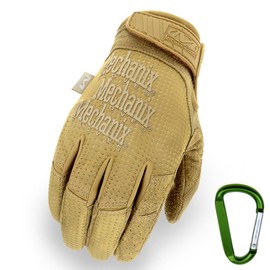 Mechanix Wear tactical vent glove, extremely breathable, touch screen compatible and abrasion resistant and gear carabiner in black and coyote, size S, M, L, XL - l