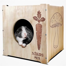 Nikospets - Wooden Rabbit Hideout, Small Pet House (12.5 x 12.5 x 12.5 inches) for Bunnies, Guinea Pigs, Chinchillas, Hamsters, Ferrets and Squirrels, Indoor and Outdoor Shelter Hut