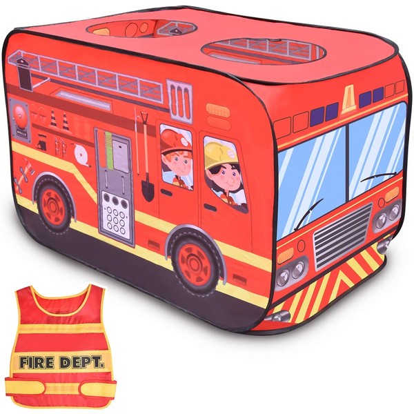 FUN LITTLE TOYS Fire Truck Pop Up Play Tent for Kids with Fireman Costume, Kids Tent for Indoor & Outdoor
