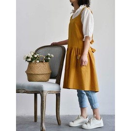 NEWGEM Cotton Linen Cross Back Apron for Women with Pockets for Painting Gardening Yellow with Waist Ties