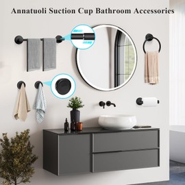 Annatuoli 5 Piece Suction Cup Bathroom Accessories Set, Adjustable 12-21 Inches Suction Cup Towel Bar Towel Racks, Robe Towel Hooks Toilet Paper Holder for Glass Shower Door Bathroom Matte Black