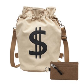 Rsemkkxce Light Khaki Dollar Sign Drawstring Backpack with Camel Coin Key Card Bag, Lightweight Sport Gifts Theme Party Money Bag Prop, Large Lucky Fabric Drawstring Money Bag, Portable Canvas Wallet