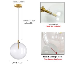 XIRYTU-H Minimalist Transparent Glass Ball Pendant Light in Gold Finish, Height Adjustable G4 LED Ceiling Haning Light for Dining Room & Living Room (20CM)