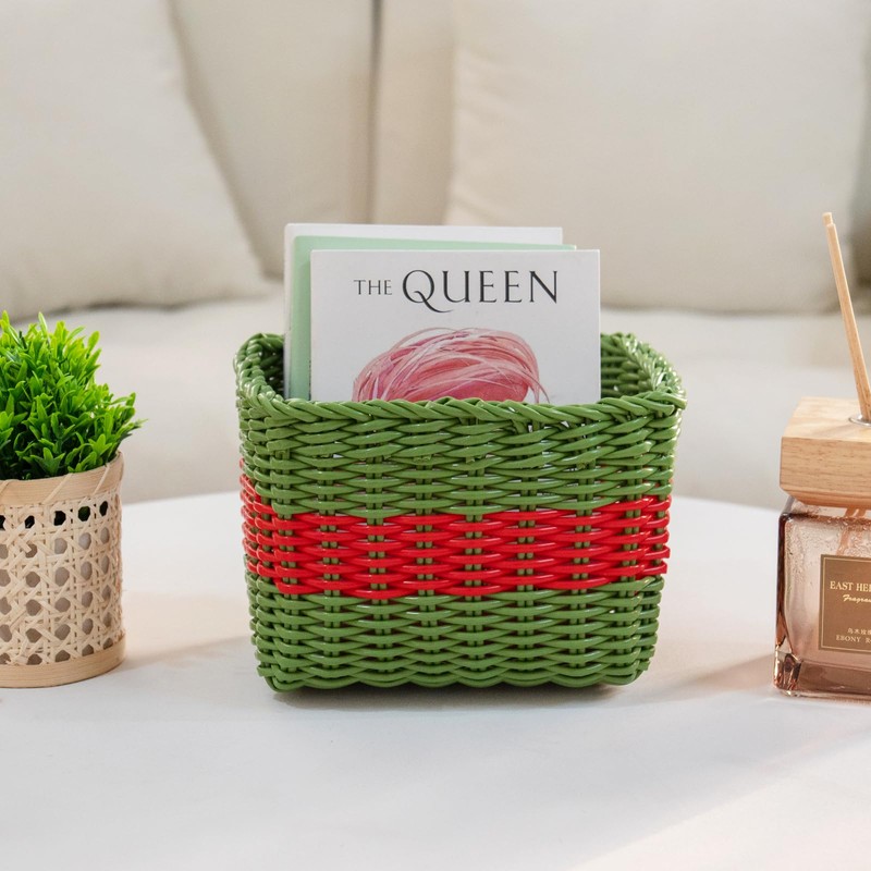 HODAKJUE Handwoven Plastic Wicker Storage Basket, Waterproof Red Green Stripe