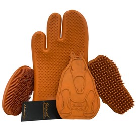 Grewal® Equestrian Grooming Bundle Kit - Comfy Pet Grooming & Bathing Glove - Oval Face Soft Bristles - Great for Thin & Sensitive Skin (Orange)