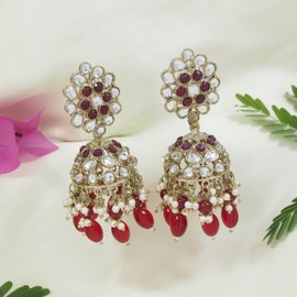 I Jewels Gold Plated Traditional Handcrafted Kundan & Pearl Jhumka Earrings For Women, Free Size, No Gemstone