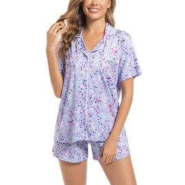 ENJOYNIGHT Womens Pajamas Set Summer Short Sleeve Pjs Button Down Loungewear Soft Sleepwear (Medium, PU) Purple