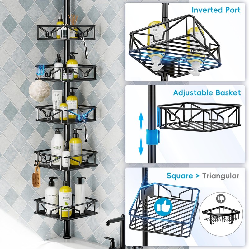 Skycarper 5 Tier Adjustable Corner Shower Caddy Organizer with Hooks,Rustproof