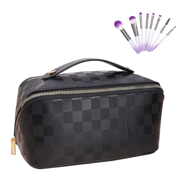 POBIDOBY New Version Travel Cosmetic Bag, Makeup bag with 8PCS Burshes Waterproof Portable with Handle and Divider Skincare Bag, PU Leather Large Capacity Hanging Toiletry Bag-Black Plaid