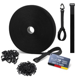 KACNON 15 m x 2 cm Velcro Tape, Reusable Velcro Cable Ties with 75 Metal Buckles and 15 Triangle Buckles, Can Be Cut to Size / Reseal, for Cable Management, Gardening, Workshops, Black