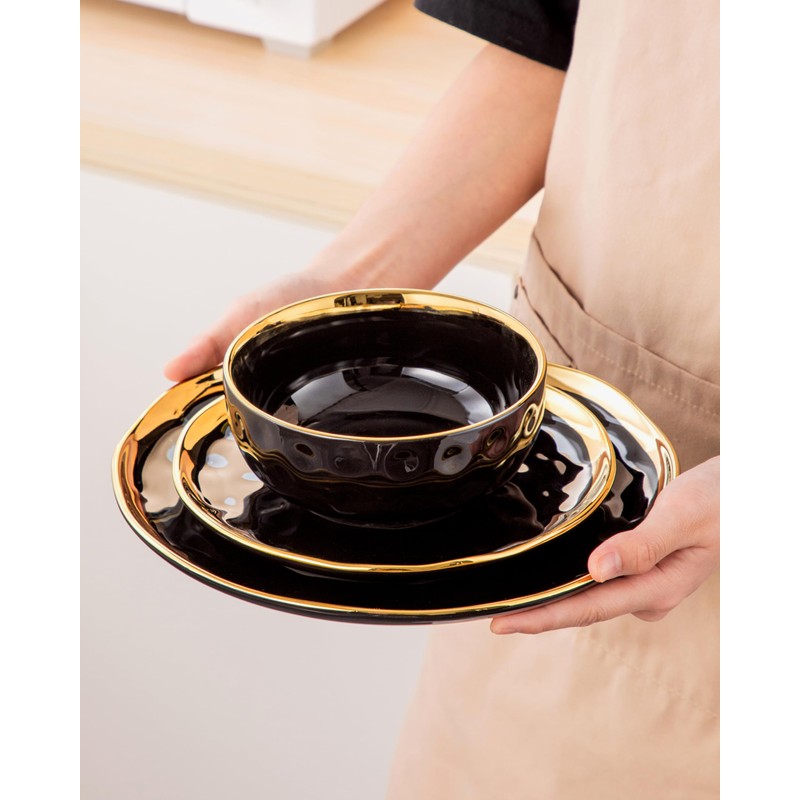 LOVECASA 12 Pieces Plates and Bowls Sets, Porcelain Black and