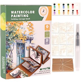 Glvomazty Watercolours with Brushes, 12 Colour Pocket Watercolour Set, 9 Pages Colouring Books for Adults, Foldable for Storing Colouring Books - Ideal for Travel & Beginners Watercolour Painting