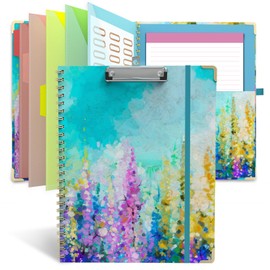 Clipboard Folio with Notepad for Letter Size (11" x 8.5"), 5 Extra Folders with Storage 10 Pockets, 39 File Folder Labels, Elastic Closure Spiral Clipboard with Storage(Purple Oil Painting)