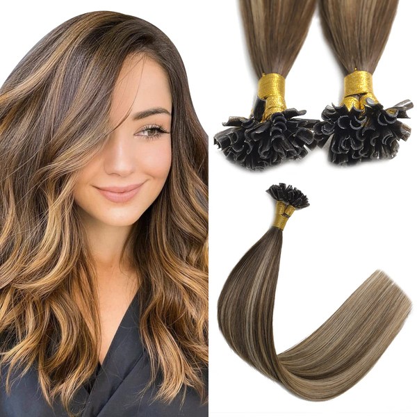 Sindra Bondings Extensions Real Hair 40 cm 40 g 50 Strands Keratin Real Hair Extensions Balayage Brown to Caramel Blonde and Brown U-Tip Extensions Real Hair U4/27/4-16 Inches